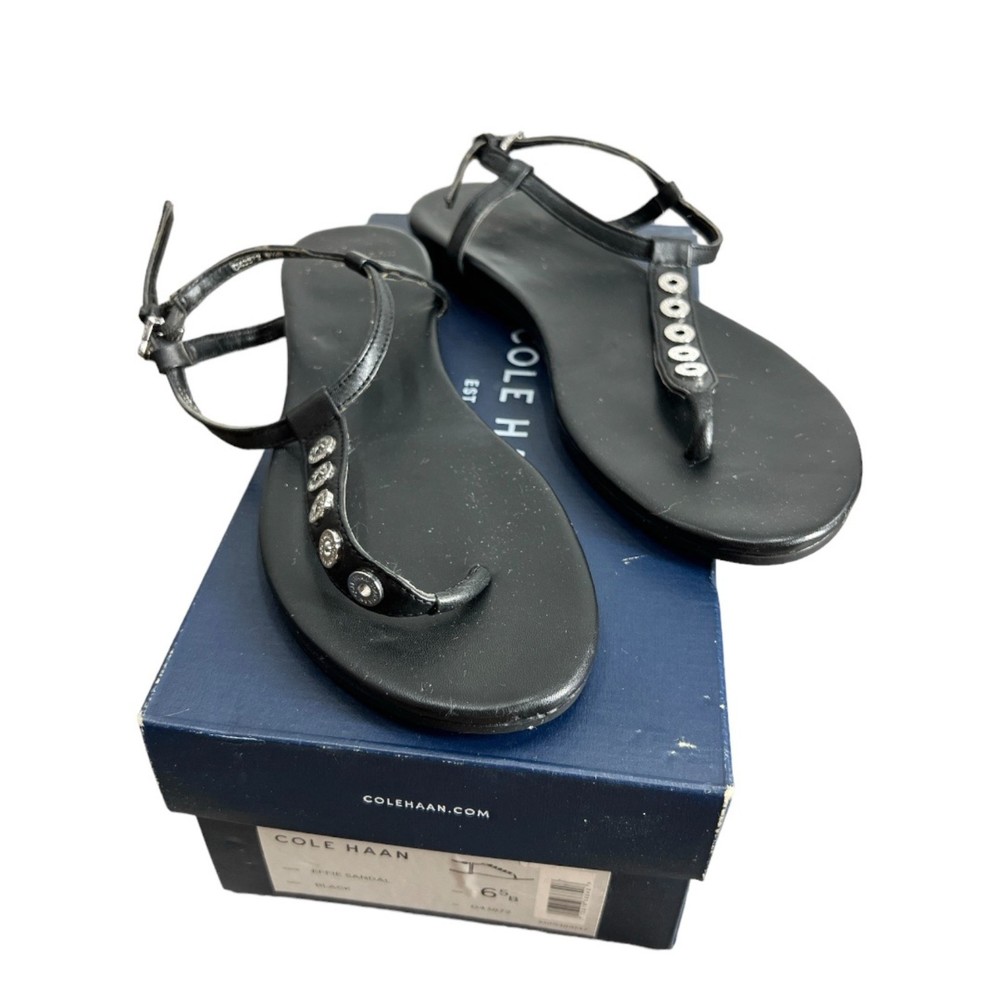 Cole Haan Effie Sandal 6.5 Thongs women's t-strap shoes black leather - Picture 2 of 11